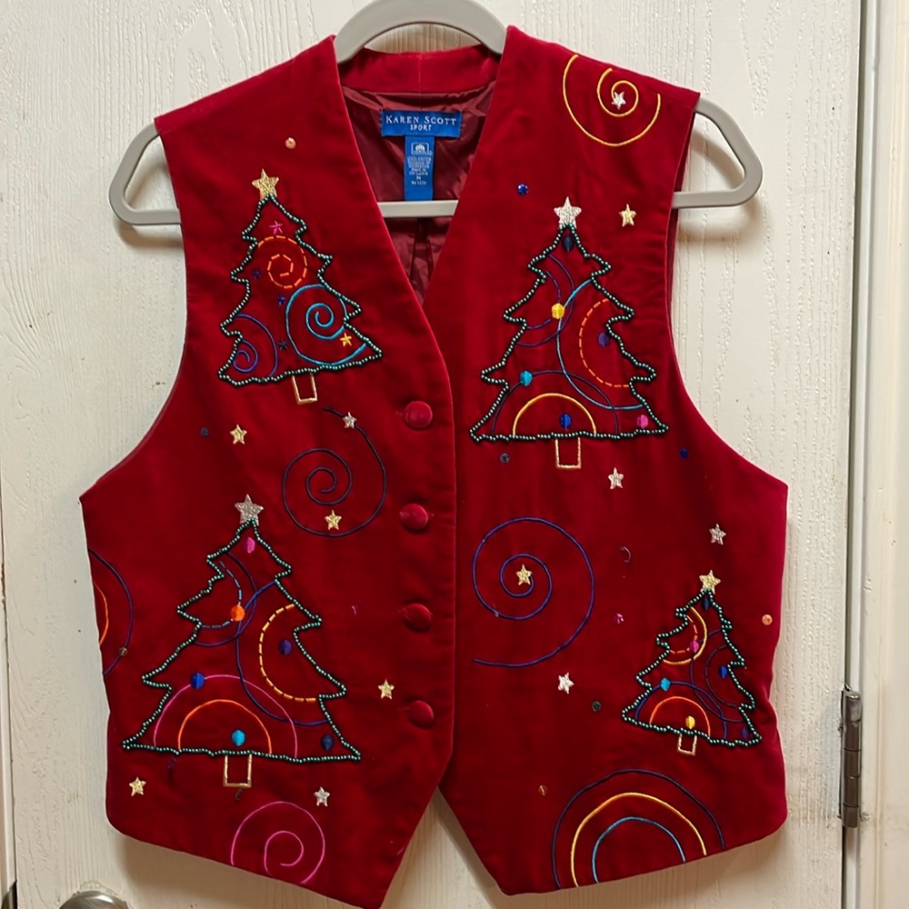 Beautiful Vintage Red Velvet Embroidered Christmas Vest with Pearls and Sequins